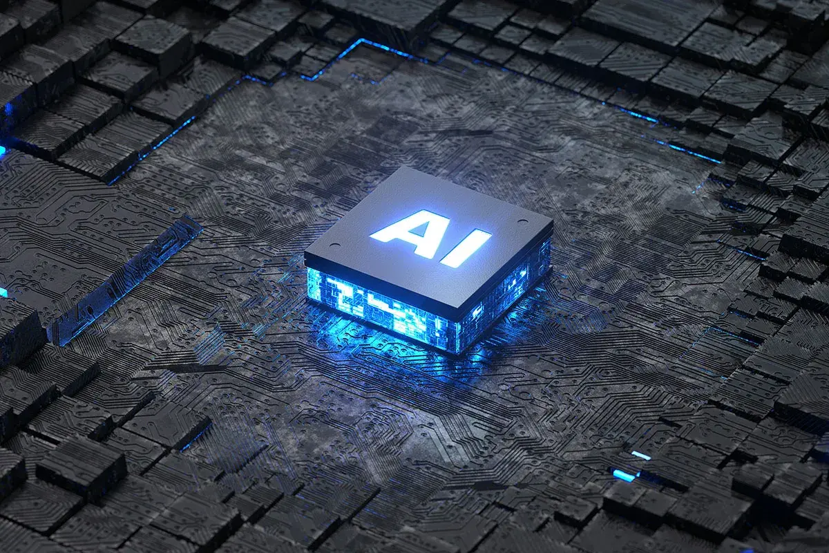 Microchip con las siglas AI iluminado en un circuito electrónico de tecnología avanzada.