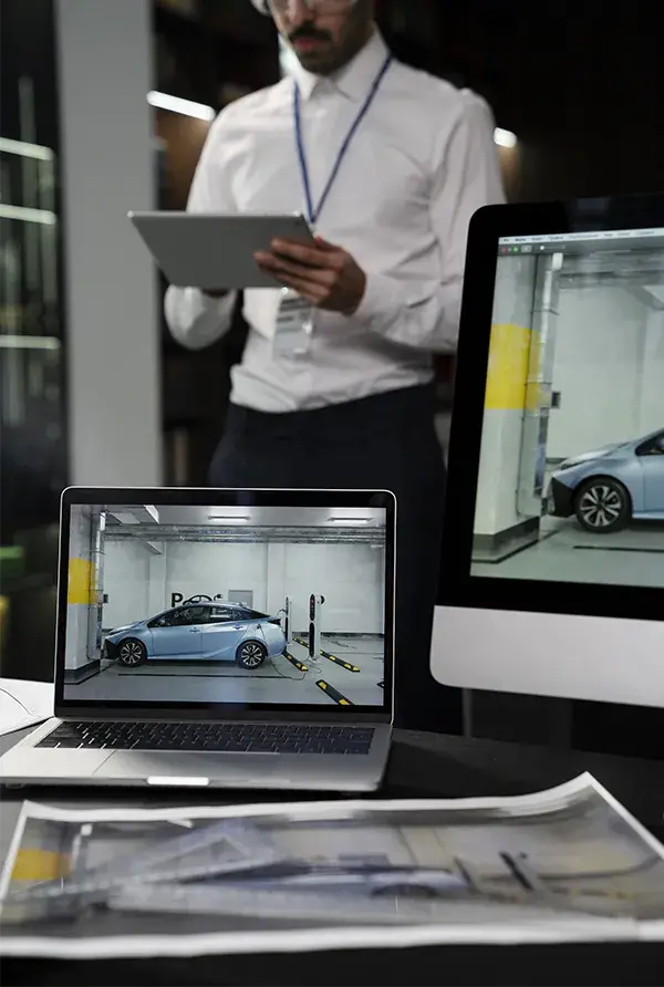 Persona trabajando en su laptop junto a una pantalla que muestra la automatización de flujos de trabajo.