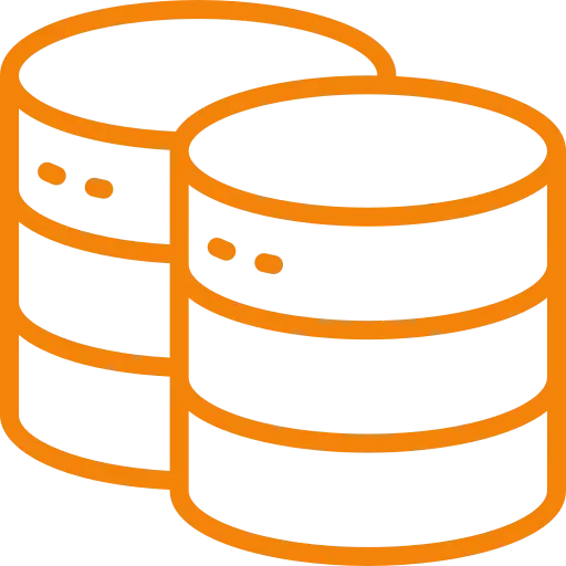 Icono lineal naranja de servidores y bases de datos para segmentación de clientes CRM.