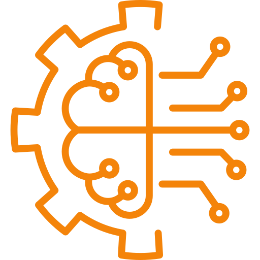 Icono naranja de un cerebro con circuitos electrónicos que representa la inteligencia artificial aplicada.
