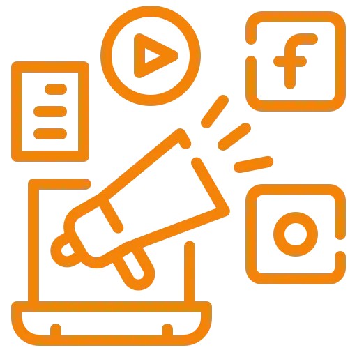 Icono de megáfono con símbolos de redes sociales para campañas publicitarias de agencias.