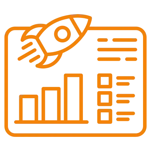 Icono de cohete y gráficas de barras que simboliza el crecimiento de métricas de ventas.