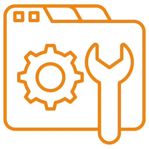 Icono naranja de un engranaje y una llave de tuercas para configuración y puesta en escena de software.