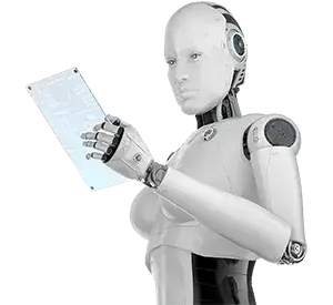 Robot humanoide interactuando con una pantalla digital de inteligencia artificial.
